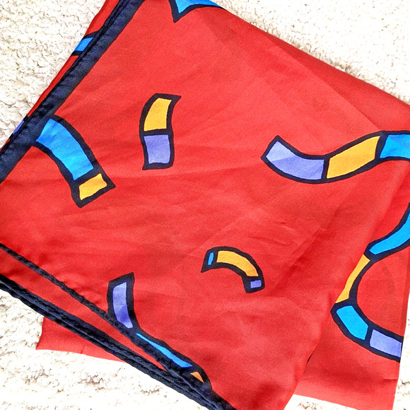 Silky Red Scarf Colorful Noodle Ribbons Blue Blue Purple Orange Modern Art - Picture 5 of 5